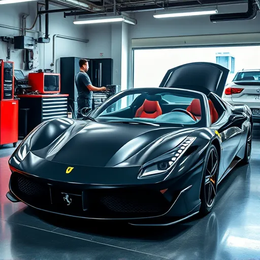 A technician repairing the air conditioning system of a Ferrari in a luxurious garage in Dubai, showcasing the sleek design of the car and the tools used for the service.