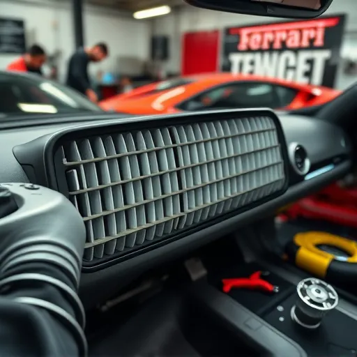 Technician repairing a Ferrari air conditioning system evaporator in a luxury workshop in Dubai, highlighting precision and expertise in automotive maintenance.
