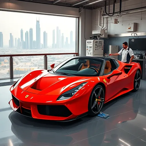 A technician servicing the air conditioning of a red Ferrari in a modern Dubai automotive workshop, with city buildings visible through the windows.
