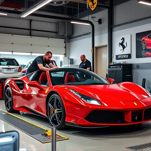 A technician performing AC repair and gas refill on a luxury Ferrari in a Dubai auto repair shop.