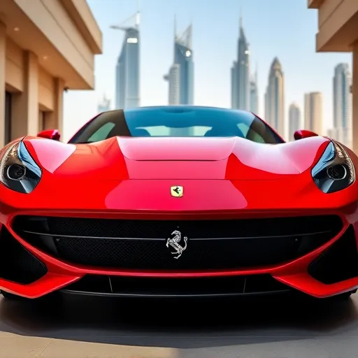 Close-up of a red Ferrari's front grille in a Dubai luxury garage, with the skyline of Dubai visible in the background.