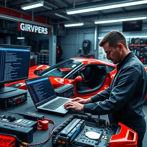 A technician in a modern workshop repairing and programming a Ferrari's ECU, surrounded by diagnostic tools and laptop screens.