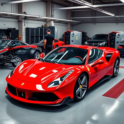 A Ferrari in a modern workshop, with technicians providing specialized services to ensure peak performance and luxury care.