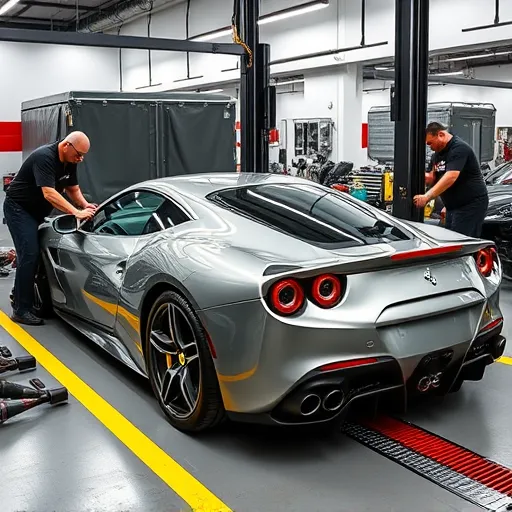 A Ferrari being expertly serviced for fuel-exhaust systems in a premium workshop, highlighting the precision and care involved in maintaining high-performance vehicles.