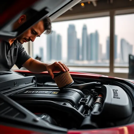 A mechanic replacing the fuel filter of a Ferrari in a high-end garage in Dubai, with the city's skyline visible through the workshop windows.