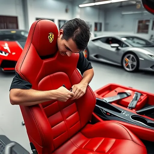 A leather repair technician restoring a red Ferrari seat in a Dubai workshop, highlighting craftsmanship and luxury automotive upholstery.