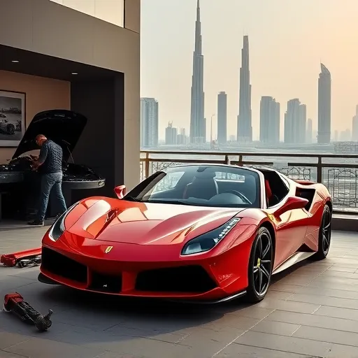 A mechanic changing the differential oil of a Ferrari in Dubai, with the city's skyline in the background, showcasing the luxury of the car and the precision of the service.