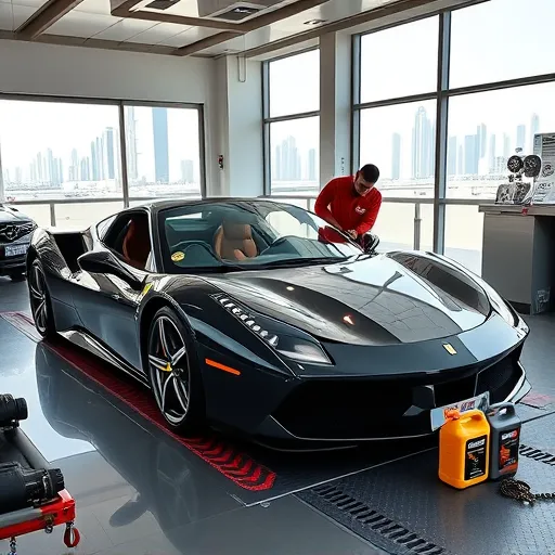 A mechanic servicing a red Ferrari sports car in a sleek auto service center in Dubai, focusing on oil change and lubrication.