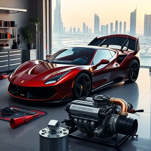 A mechanic installing a turbo kit on a Ferrari in a modern garage in Dubai, with the city skyline visible in the background.