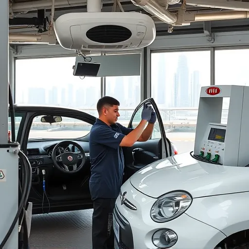 A technician repairing the air conditioning system of a Fiat car in a Dubai workshop, with tools and gas refill equipment visible.