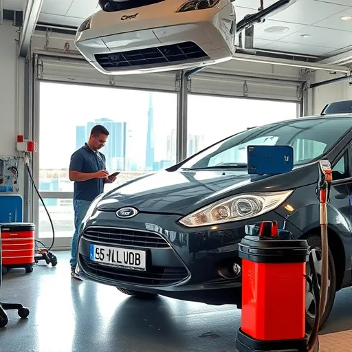 A professional technician performing AC repair and gas refill service on a Ford car inside a garage in Dubai, with city skyline in the background.