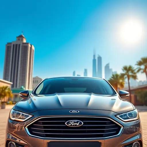 A Ford vehicle with tinted windows parked in Dubai, surrounded by modern buildings and palm trees under a clear blue sky.