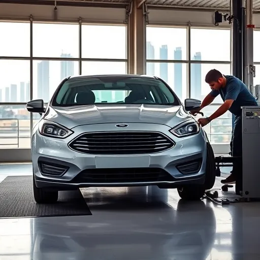 A mechanic changing the oil of a Ford car in a maintenance shop, with the Dubai skyline in the background.