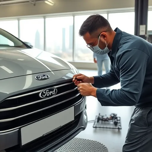 A technician performing scratch repair and paint touch-up on a Ford car in a Dubai auto repair shop, showcasing tools and a view of the Dubai skyline.