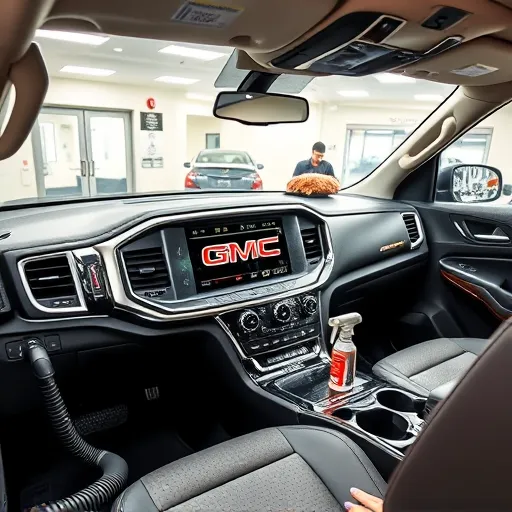 A professional detailer cleaning the interior of a GMC vehicle, highlighting the use of advanced tools and products in a clean workshop environment in Dubai.