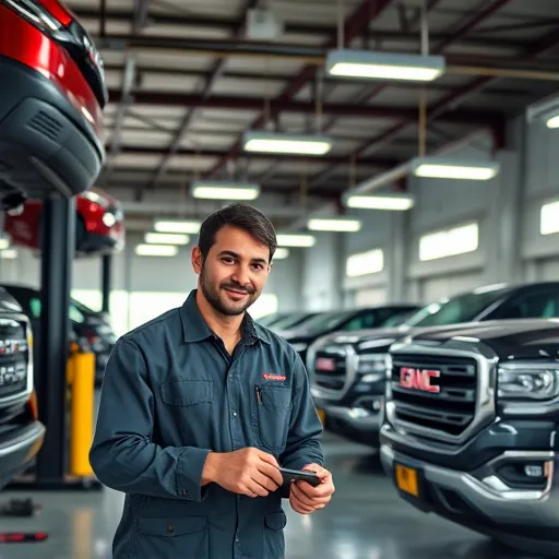 A GMC specialist mechanic repairing a vehicle in a Dubai auto repair shop, surrounded by tools and GMC cars.