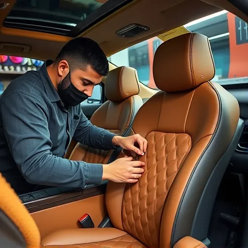 An artisan in Dubai repairing and customizing car upholstery in a modern workshop, surrounded by tools and vibrant fabrics.
