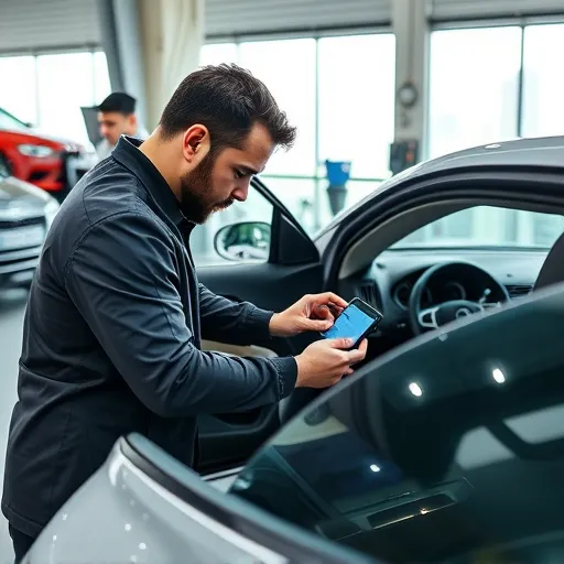 A technician performing installation of an advanced immobilizer and security system in a vehicle, showcasing a modern automotive workshop in Dubai.