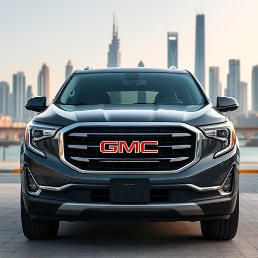 A GMC car in Dubai featuring a car tracker installation and anti-theft system display on the dashboard, with the Dubai skyline in the background.
