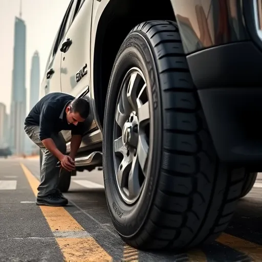 A mechanic inspecting the tires of a GMC vehicle in Dubai, with the city's skyline visible in the background, highlighting the process of tyre noise diagnosis.