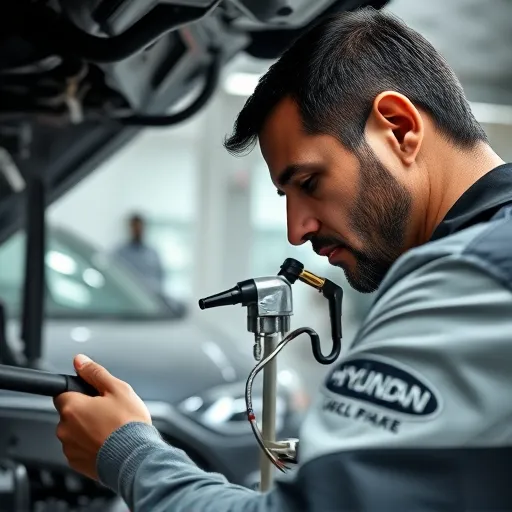 A mechanic working on replacing a Hyundai fuel pump in a Dubai workshop, surrounded by tools and car parts.