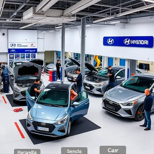A bustling Hyundai car service and maintenance center in Dubai, with mechanics servicing vehicles and modern equipment in a clean and organized workshop.