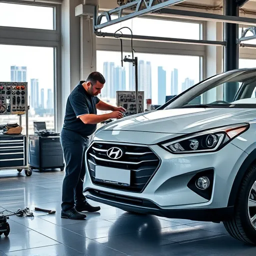 A mechanic conducting periodic service on a Hyundai car in a well-equipped workshop in Dubai, with city views in the background.