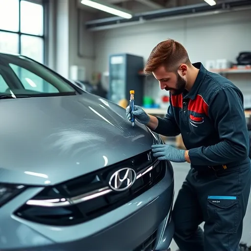 A mechanic repairing a scratched Hyundai car with paint touch-up tools in a well-equipped workshop.