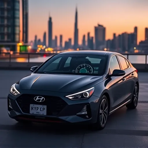 A Hyundai car interior with a visible GPS tracker and anti-theft system setup, set against the backdrop of Dubai's skyline at twilight.