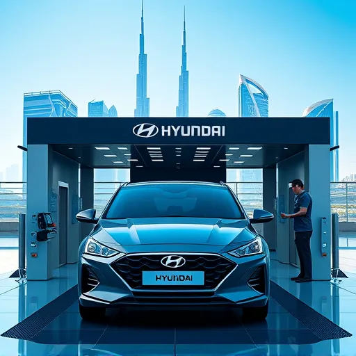 A Hyundai vehicle in a modern service center in Dubai, with technicians performing software updates, and the Dubai skyline visible in the background.