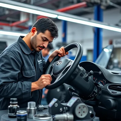 A mechanic repairing a Hyundai steering box in a Dubai auto repair shop, highlighting tools and parts associated with steering system maintenance.