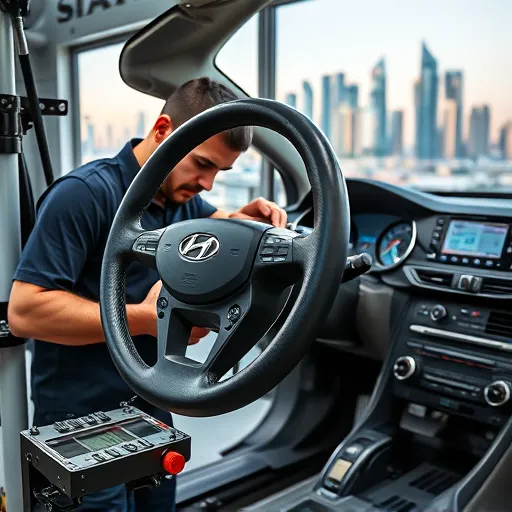 A mechanic repairing and calibrating a Hyundai steering rack in a well-equipped workshop in Dubai, highlighting the precision tools and parts involved in the process.