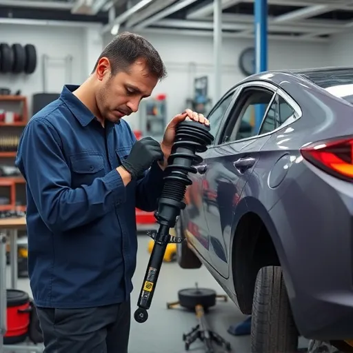 A mechanic performing strut assembly replacement on a Hyundai vehicle in a well-equipped workshop in Dubai, showcasing tools and the intricate details of the strut assembly.