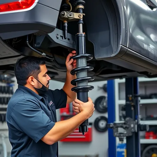 A mechanic repairing the suspension system of a Hyundai car in a Dubai workshop, surrounded by tools and automotive parts.