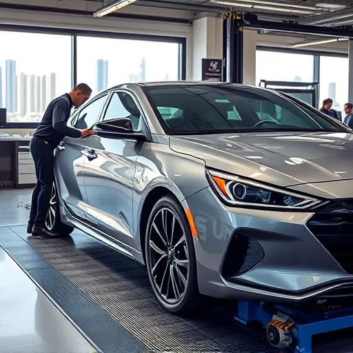 A technician aligning and balancing the wheels of a Hyundai car in a state-of-the-art auto repair shop in Dubai, with the city skyline in the background.