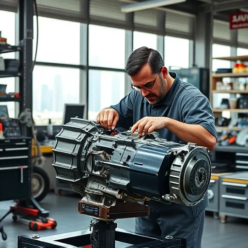 A mechanic repairing a Hyundai automatic gearbox in a well-equipped workshop, with Dubai's skyline in the background.