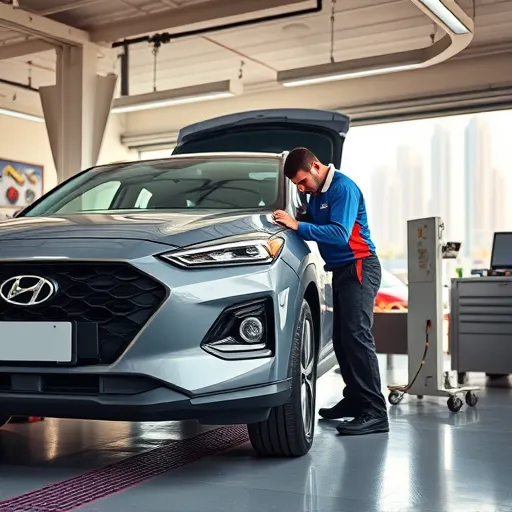Technician performing an automatic transmission flush on a Hyundai vehicle in a clean automotive workshop in Dubai.