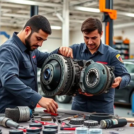 A mechanic examining a Hyundai clutch and gearbox in a well-equipped workshop in Dubai, highlighting the process of vehicle maintenance.