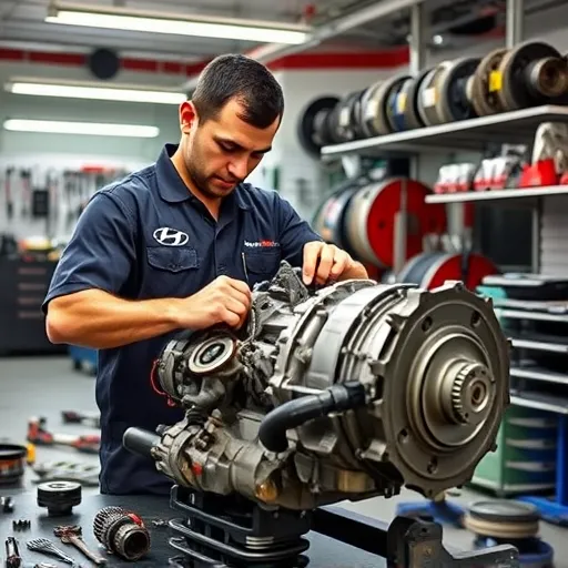 A mechanic repairing a Hyundai CVT gearbox in a well-equipped garage in Dubai, showcasing tools and automotive parts.