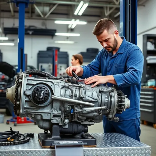 A mechanic repairing a Hyundai gearbox motor in a well-equipped workshop, highlighting tools and engine parts.