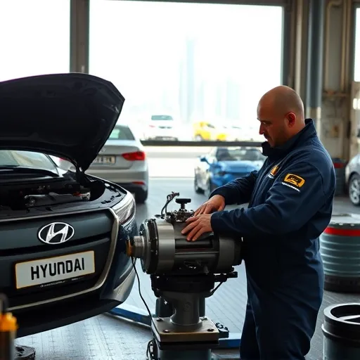 A mechanic performing a gearbox oil change on a Hyundai car in a Dubai garage, showcasing tools and the city skyline.