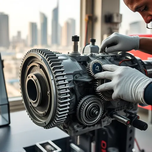 A technician calibrating a Hyundai gearbox in a workshop, with the Dubai skyline visible in the background.