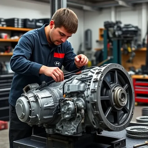 A mechanic repairing a Hyundai gearbox in a well-equipped workshop, highlighting the intricate components and tools used in the process.