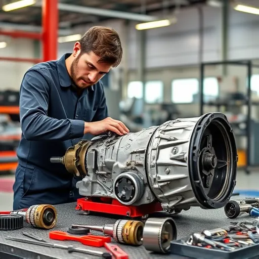 A mechanic performing a manual transmission rebuild on a Hyundai vehicle in a Dubai workshop, showcasing various tools and components involved in the service.