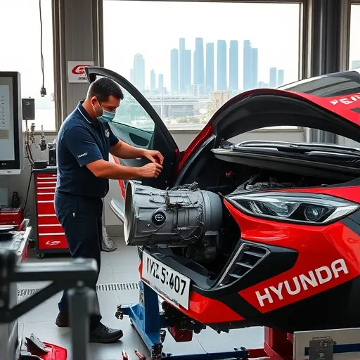 A technician installing a new transmission in a Hyundai car at an automotive workshop in Dubai, with city skyline in the background.