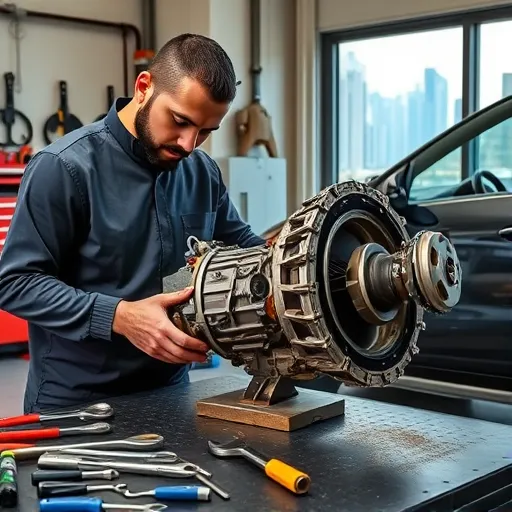 A mechanic replacing a spur gearbox in a Hyundai car inside a workshop in Dubai, with tools and city skyline visible.