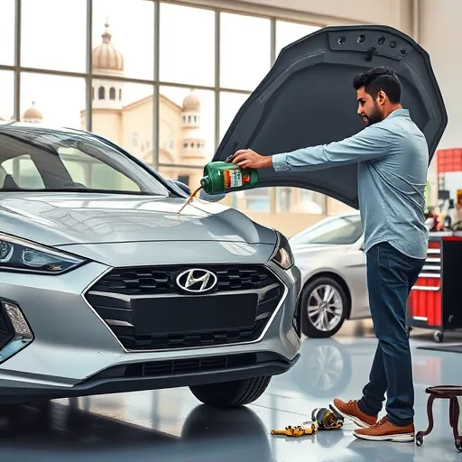 A Hyundai vehicle in a Dubai auto shop with a mechanic changing the transmission oil, showcasing the vibrant city in the background.