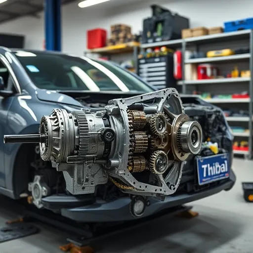 A Hyundai vehicle in an automotive repair shop in Dubai, featuring an open transmission system with visible gears and components, representing transmission repair and gearbox rebuild services.