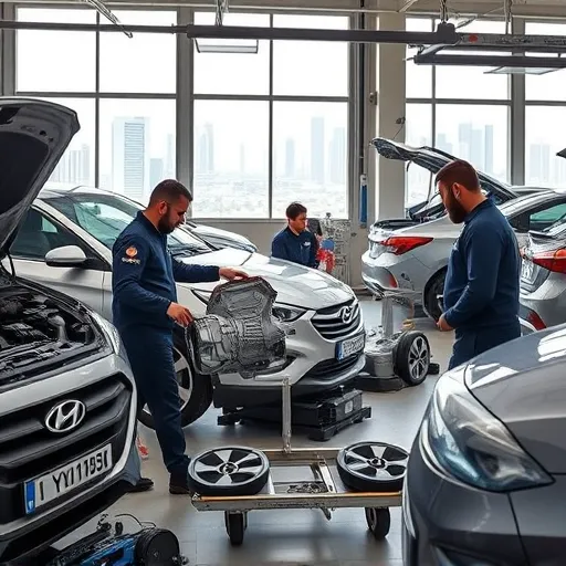 Technicians installing a used Hyundai transmission in an automotive workshop in Dubai, showcasing various Hyundai vehicles and tools.