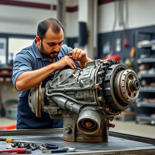 A skilled mechanic working on a Hyundai worm gearbox in a well-equipped garage in Dubai, highlighting the precision and complexity of gearbox repair.